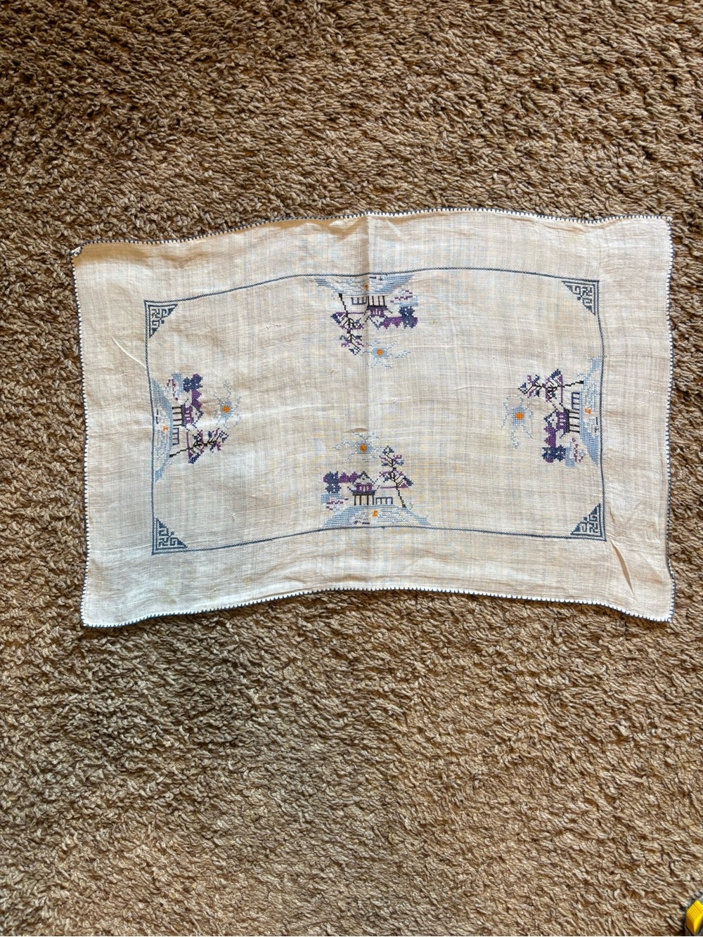 Embroidered Linen Placemat - Cream with Purple Design